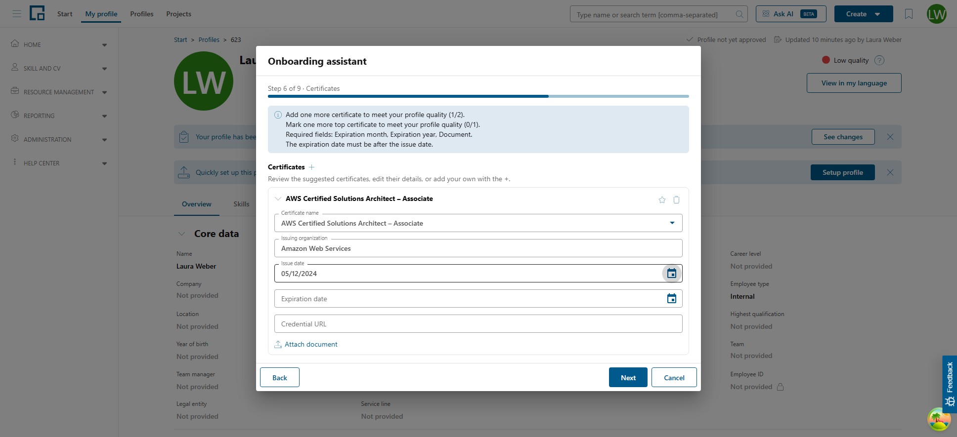 Certificate entry with prefilled issuing organization, date fields, credential URL and document upload
