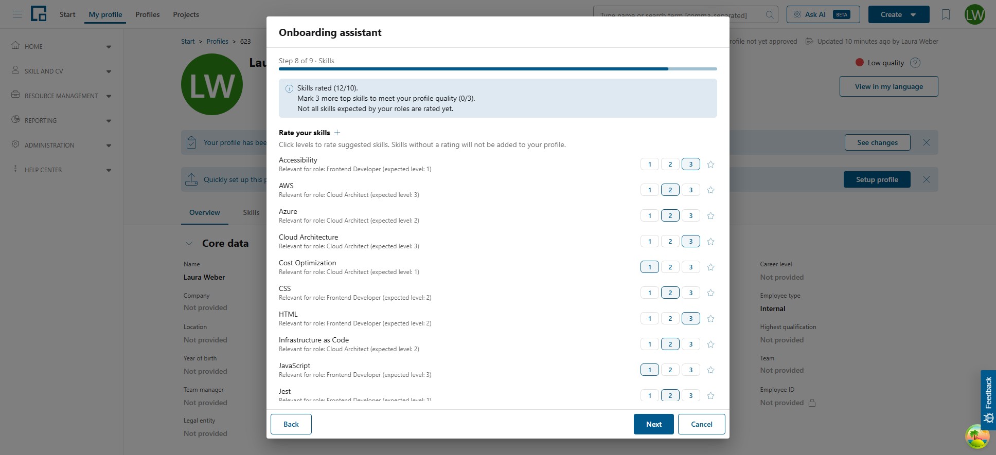 Skills step listing suggested skills with level buttons, expected role levels and a top skill star