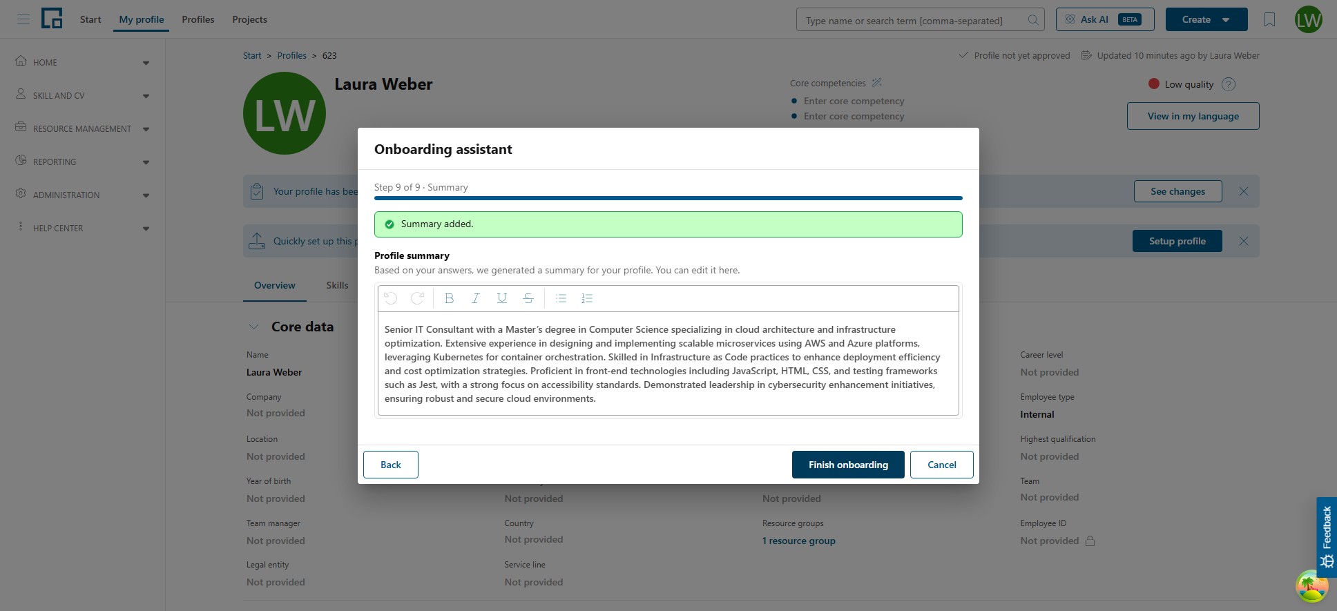 Summary step with a generated profile summary in an editor and the Finish onboarding button