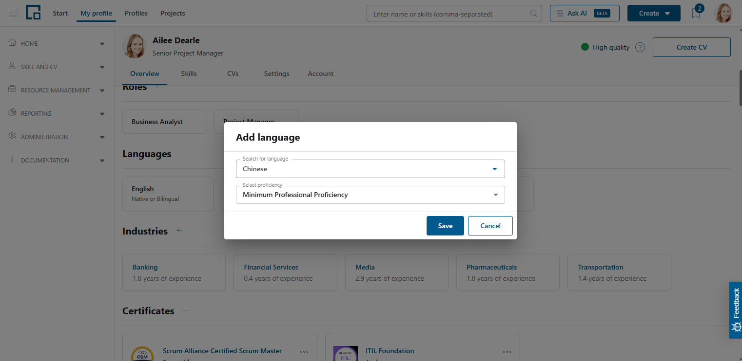 Add language pop-up with language and proficiency selection fields