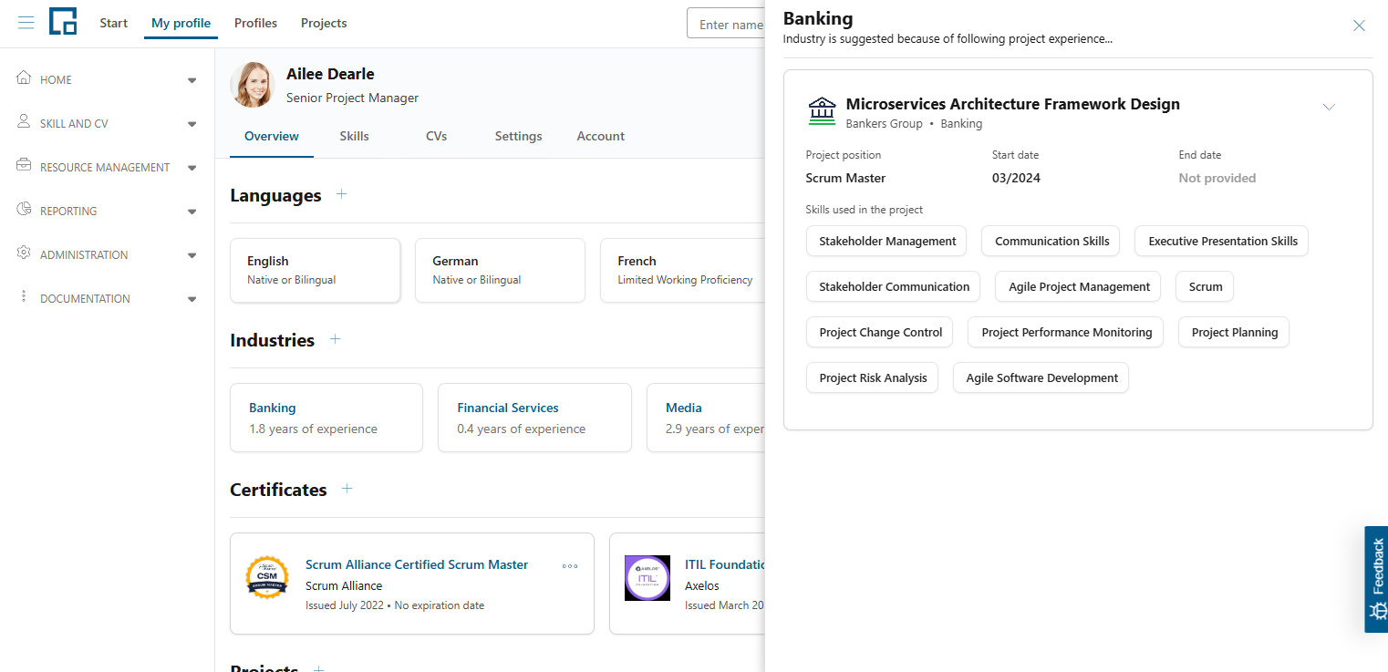 Industry side drawer listing the projects the industry experience is derived from
