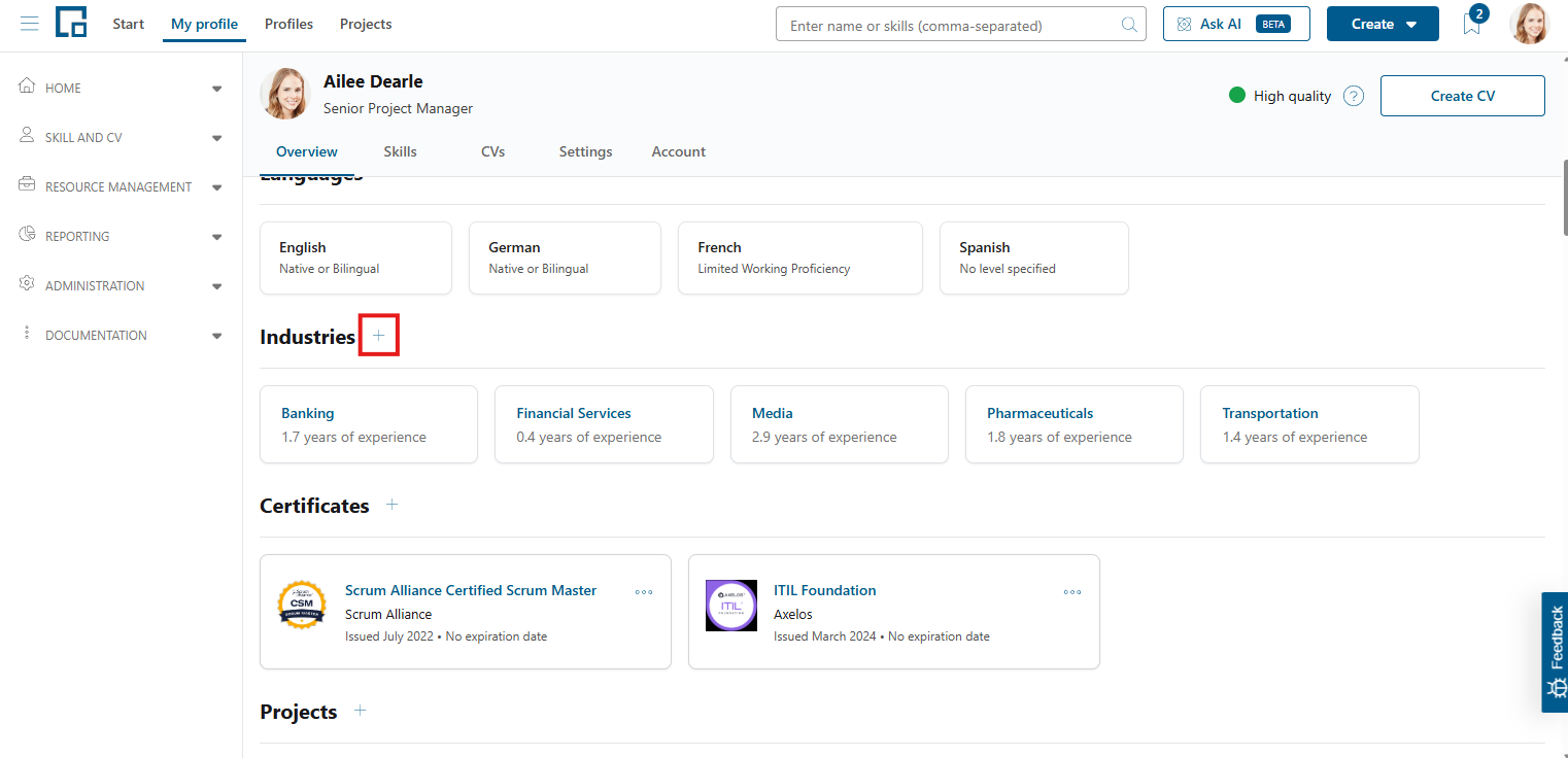 Plus button next to the Industries section header, used to add an industry