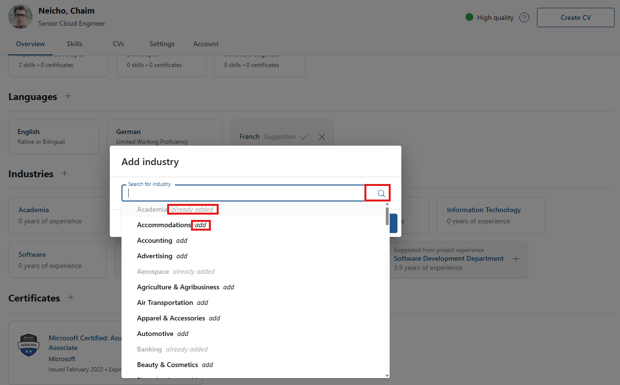 Add industry pop-up with the industry list marking entries as already added or add