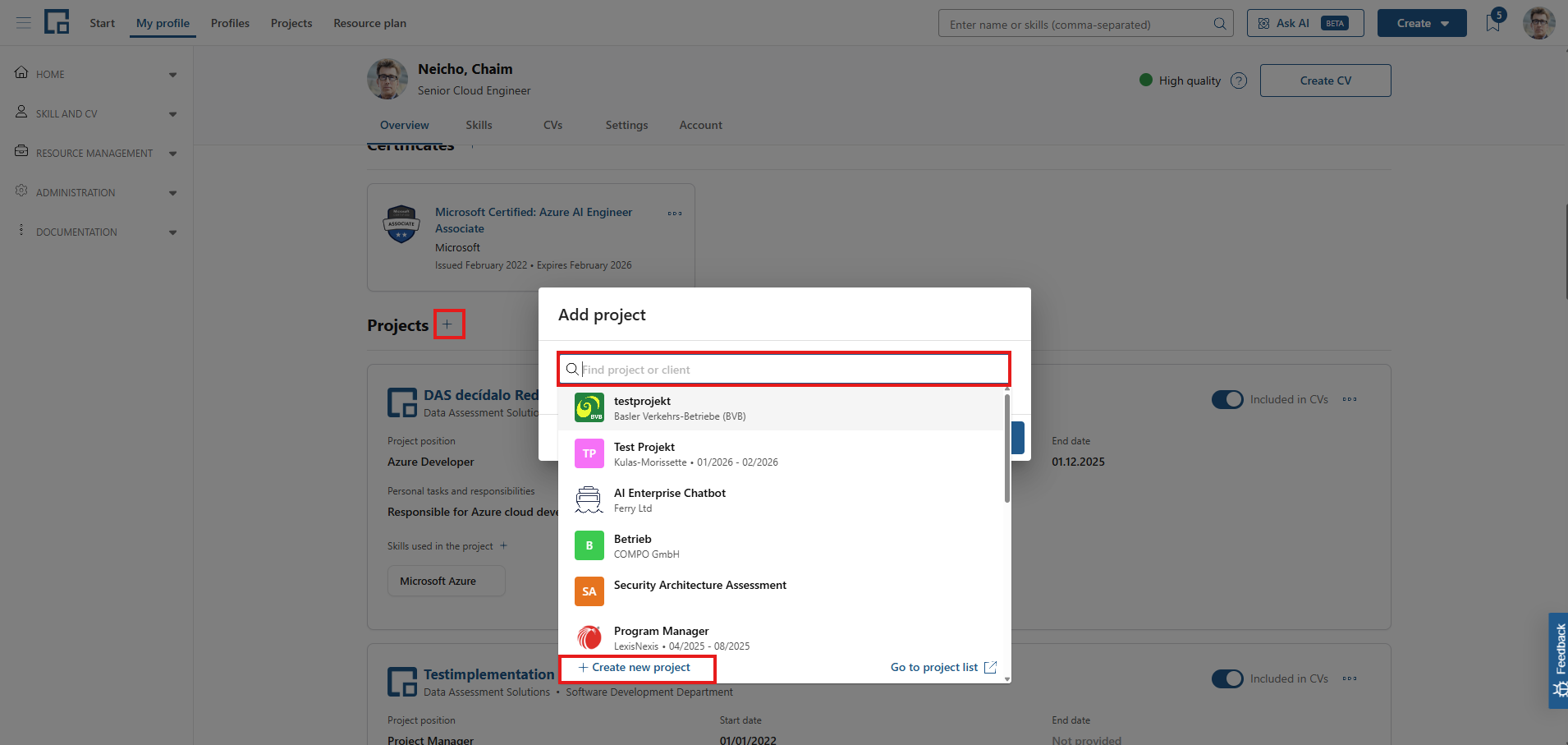 Add project pop-up with project search, results list and the Create new project link