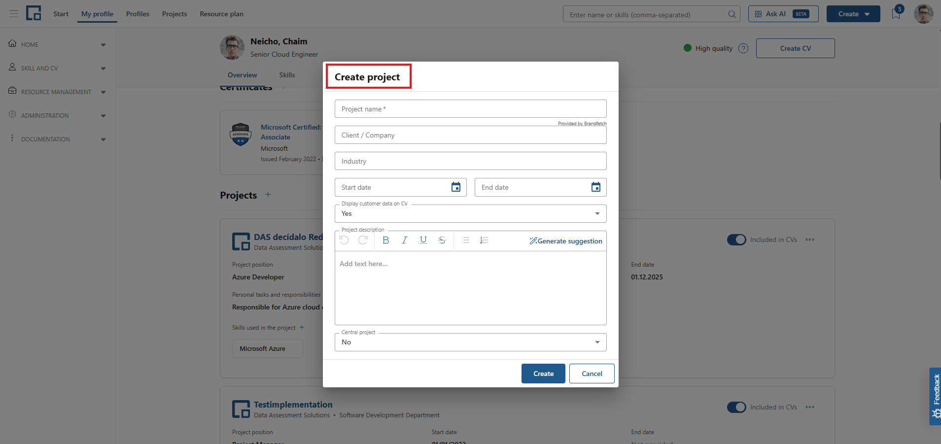 Create project form with name, client, industry, dates, description and central project fields