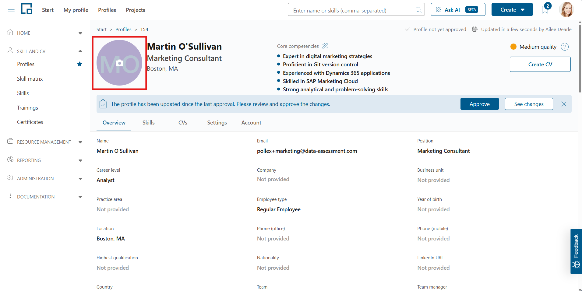 Profile header with the initials avatar highlighted, which opens the profile picture options