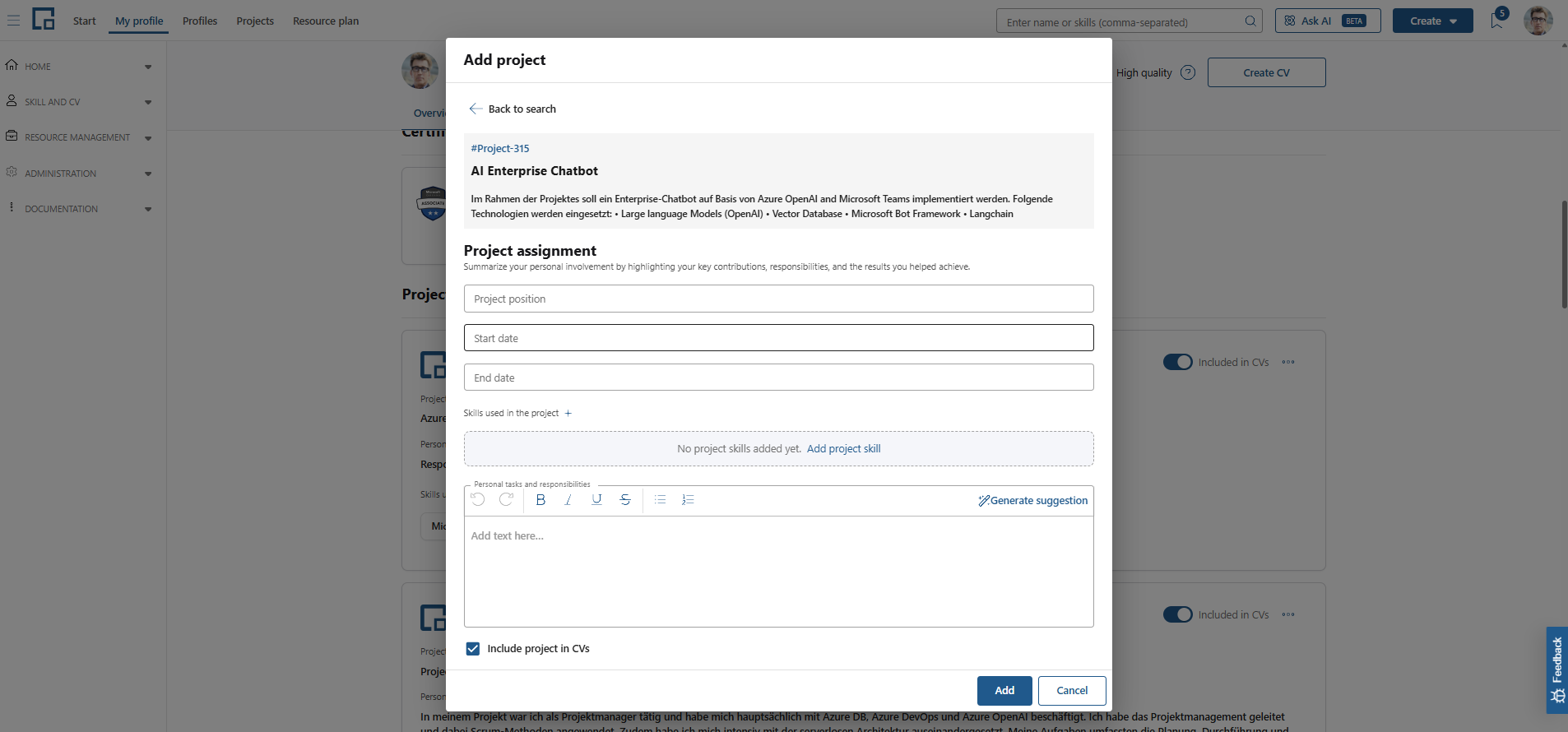 Add project form for a central project with position, dates, skills and personal tasks