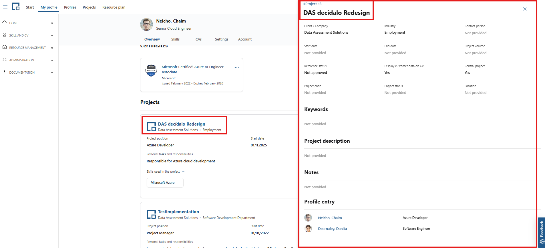 Project edit side drawer with project details, description, notes and profile entries