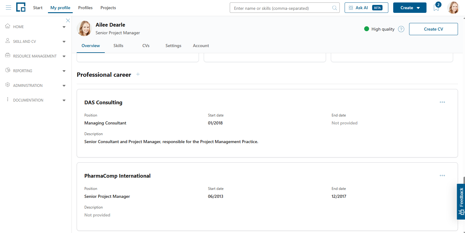 Professional career section with tiles showing company, position, dates and description