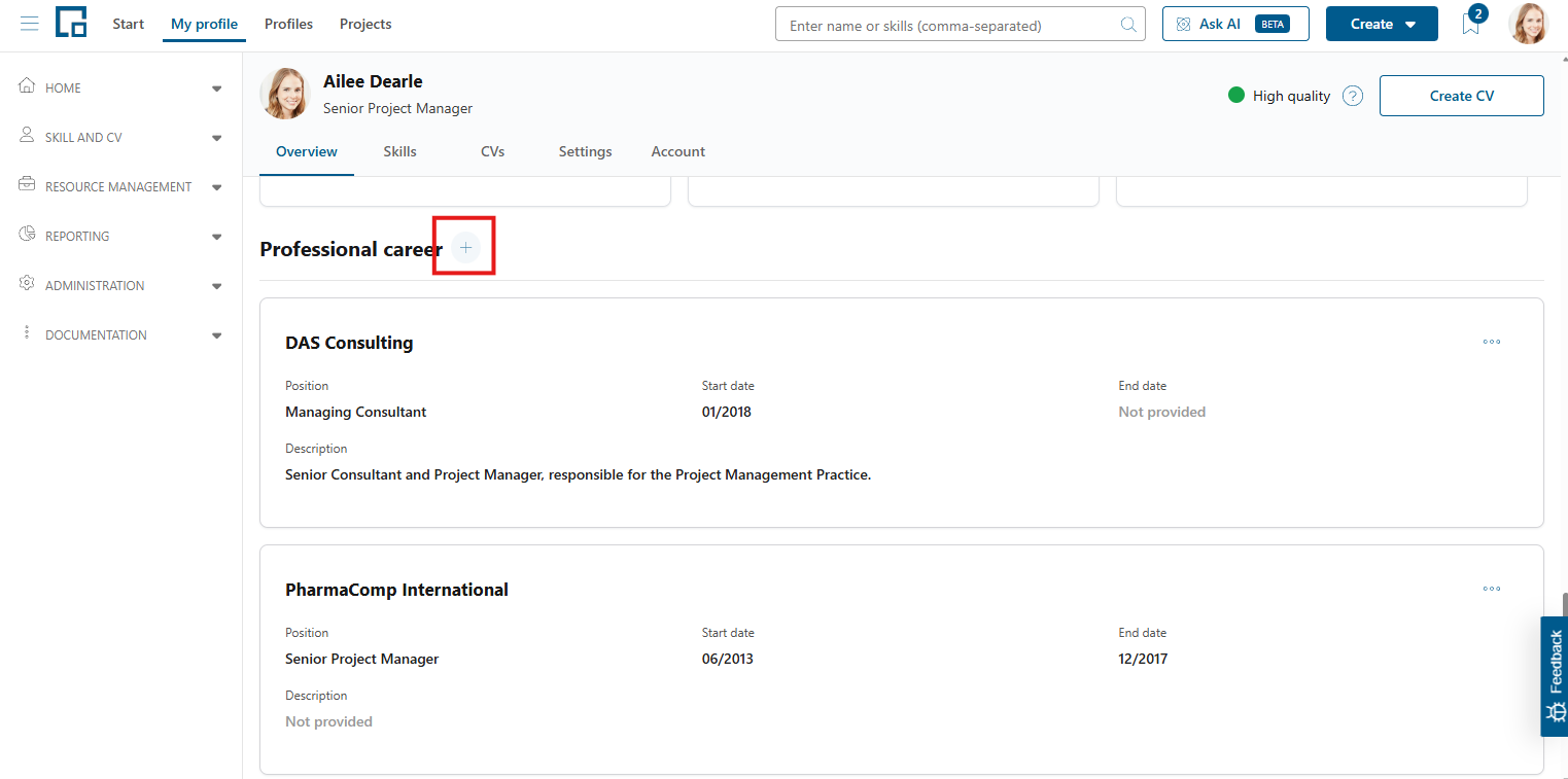Plus button next to the Professional career section header, used to add an entry