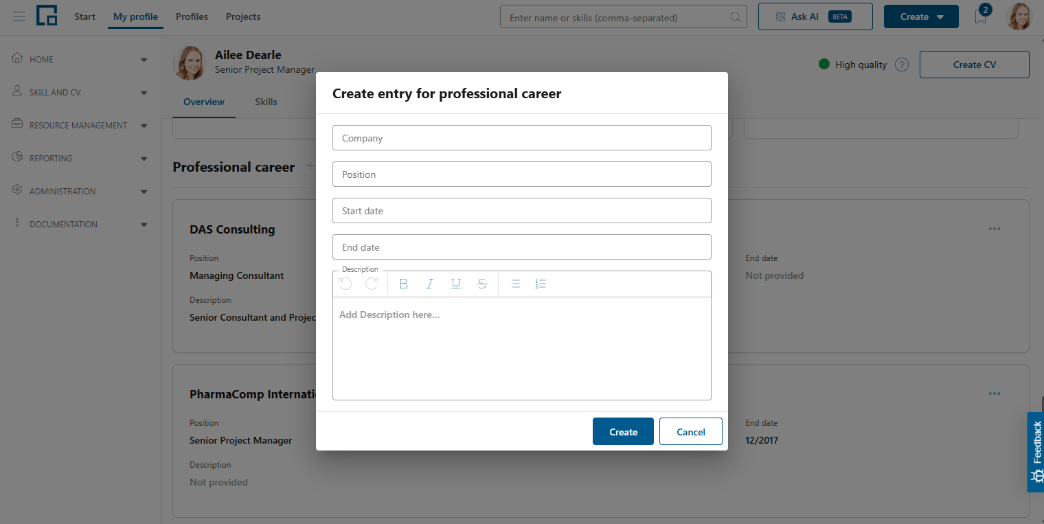 Create entry for professional career pop-up with company, position, dates and description