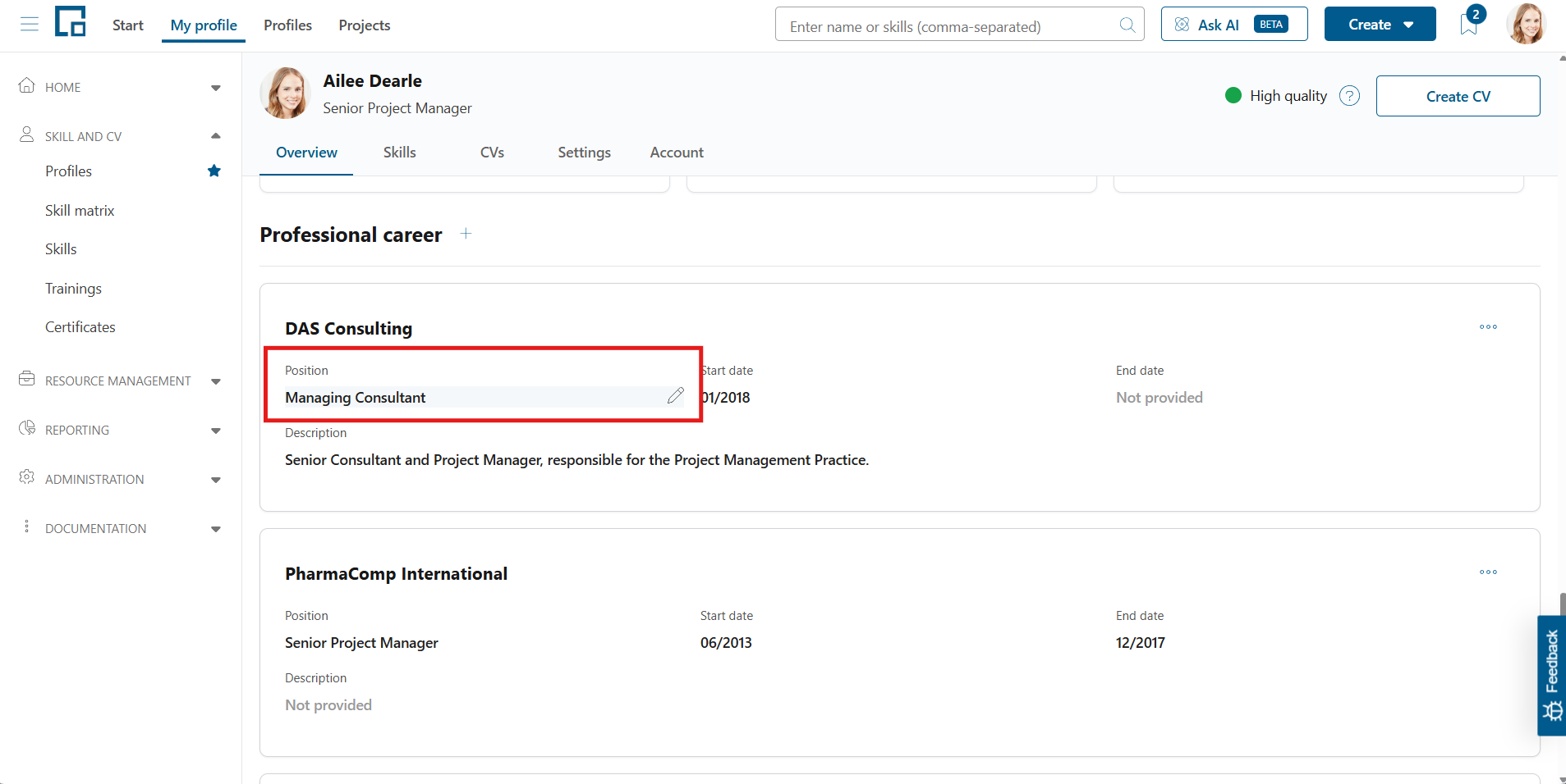 Career entry field in inline edit mode with the edit pencil shown on hover