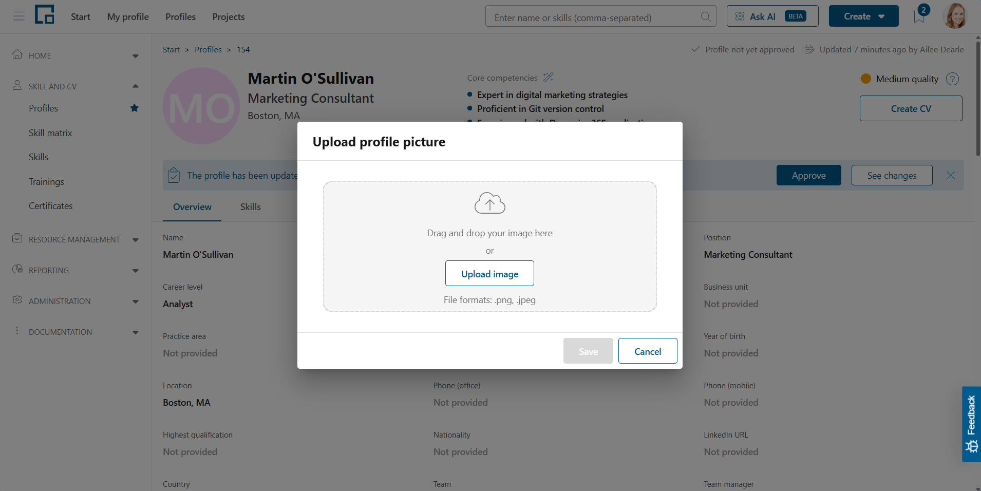 Upload profile picture pop-up with a drop zone for PNG or JPEG images