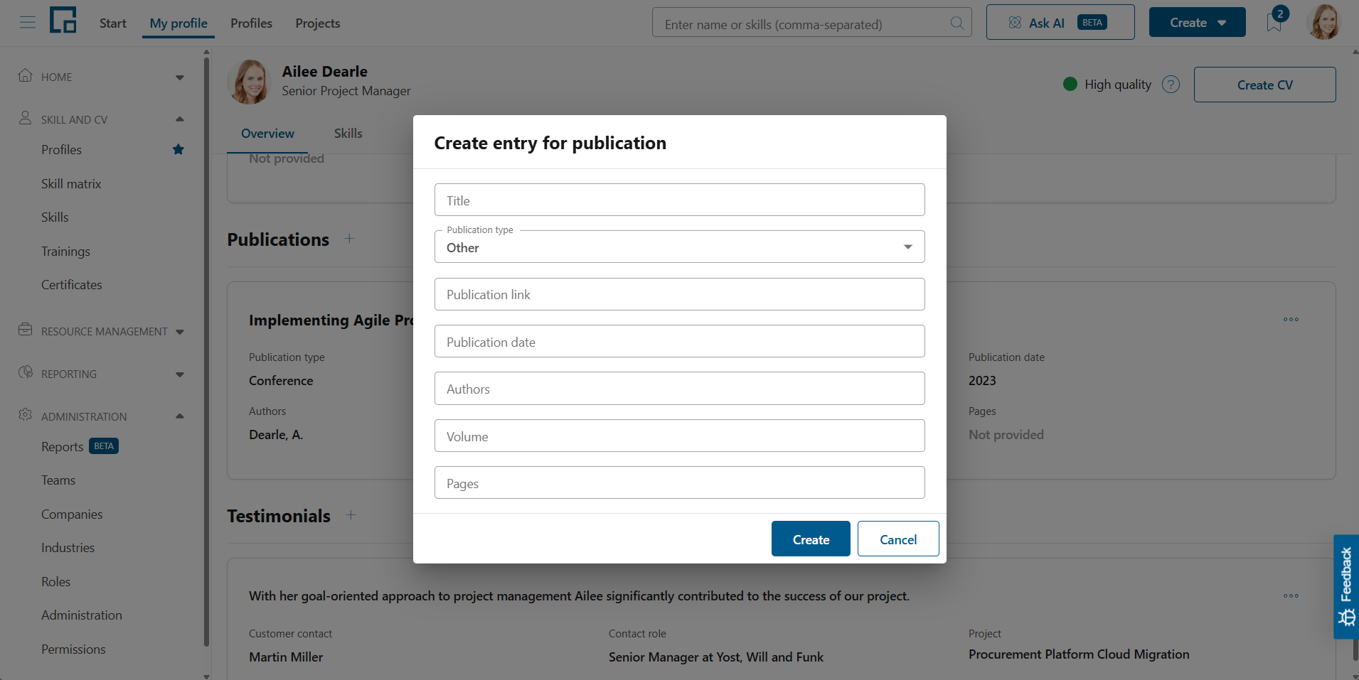 Create entry for publication pop-up with title, type, link, date, authors, volume and pages