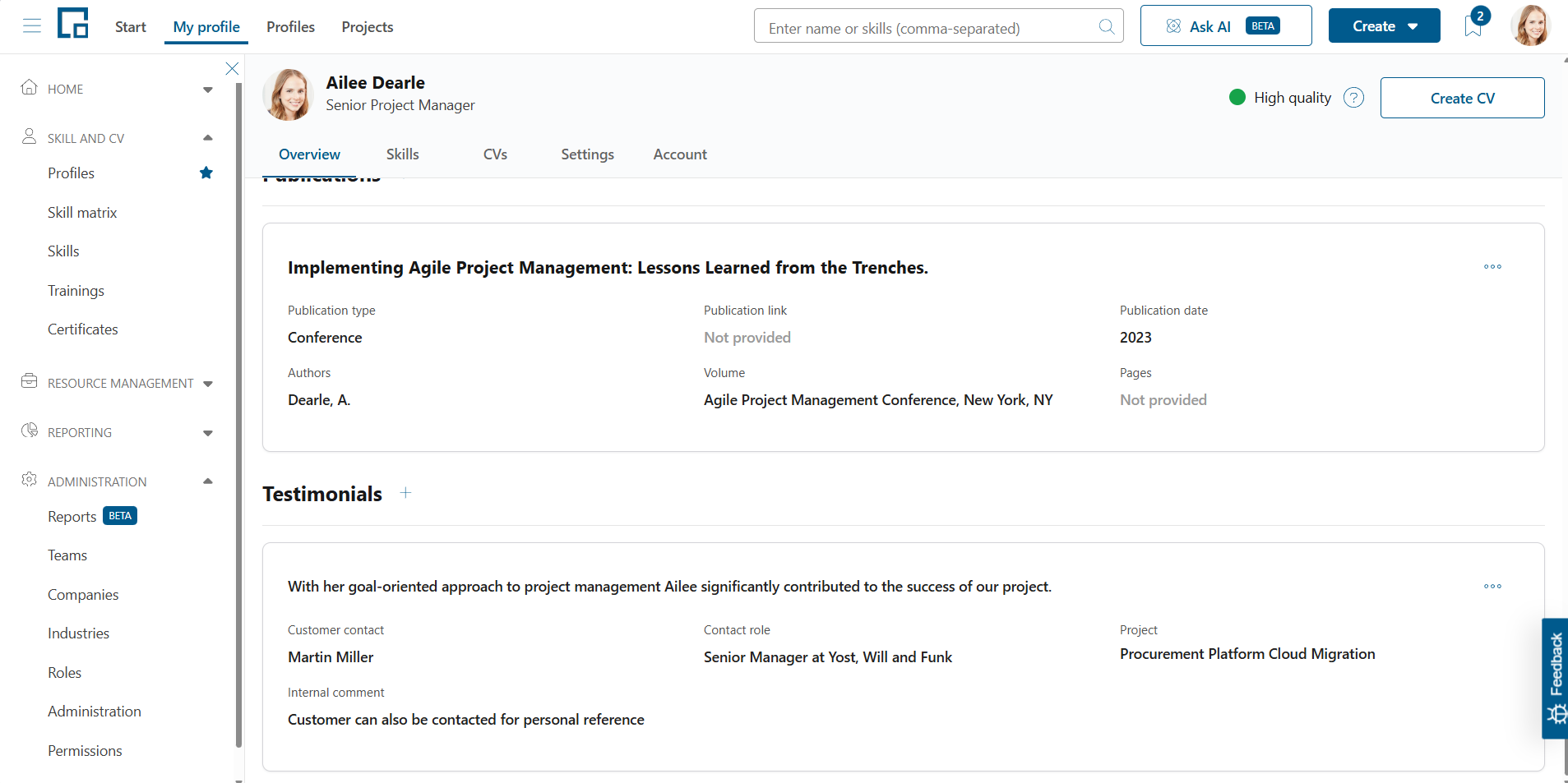 Testimonials section with a tile showing the quote, customer contact, role, project and comment