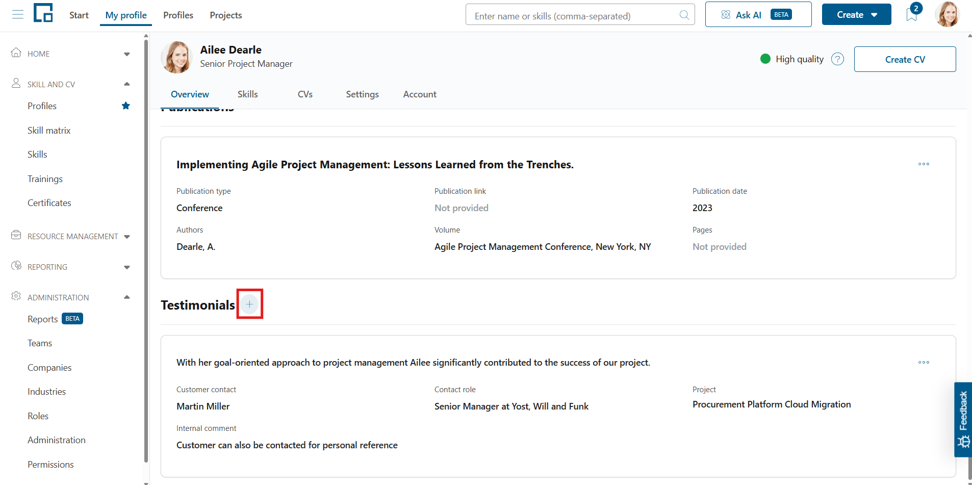 Plus button next to the Testimonials section header, used to add a testimonial