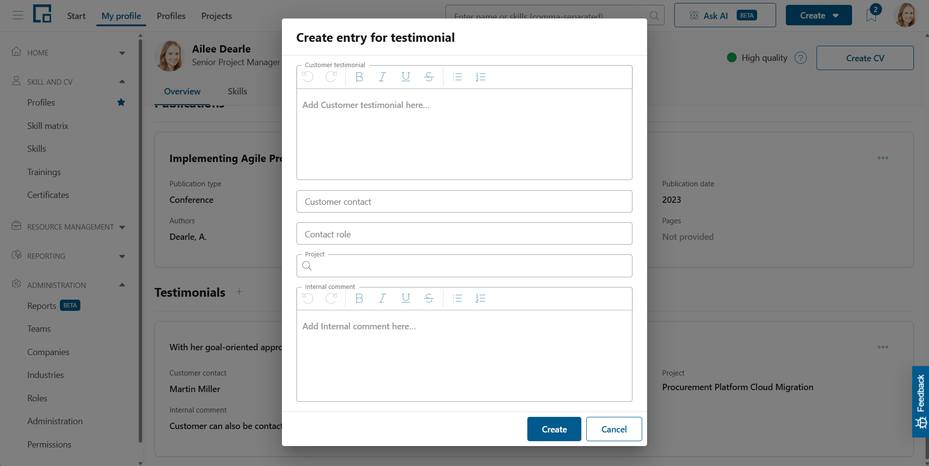 Create entry for testimonial pop-up with testimonial text, contact, role, project and comment
