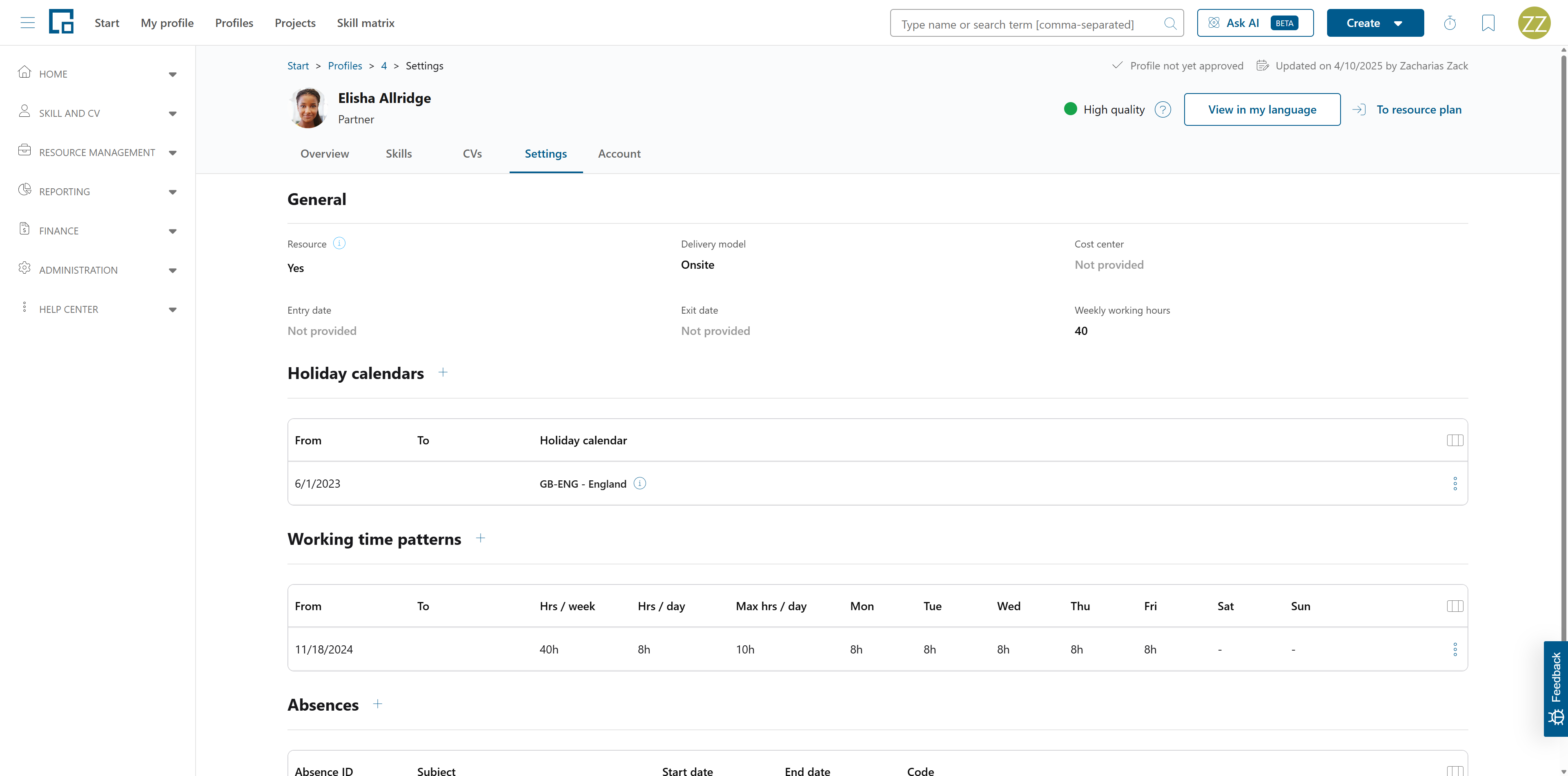 Settings tab with general settings, holiday calendars, working time patterns and absences