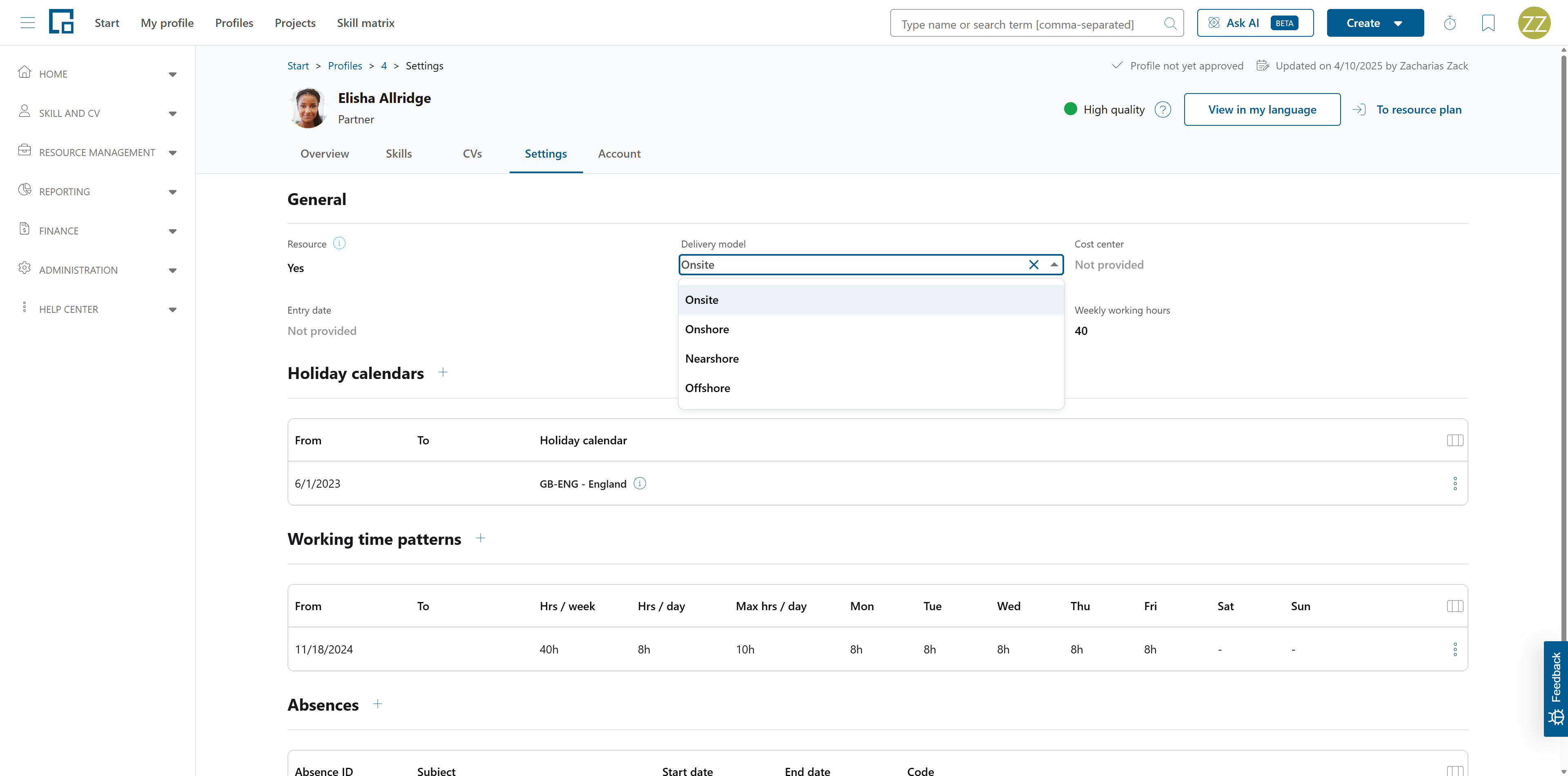 Delivery model dropdown with the Onsite, Onshore, Nearshore and Offshore options