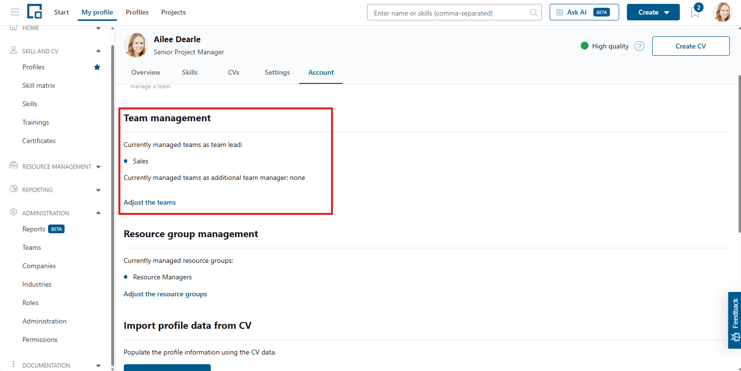 Team management section on the Account tab listing managed teams and a link to adjust them