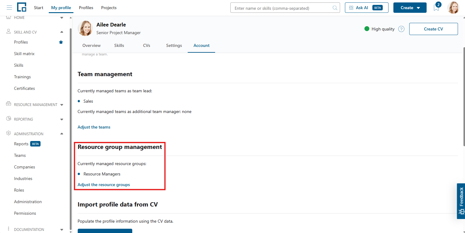 Resource group management section on the Account tab listing managed resource groups