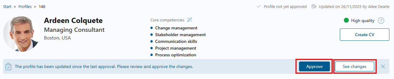 Approval banner in the profile header with the Approve and See changes buttons highlighted