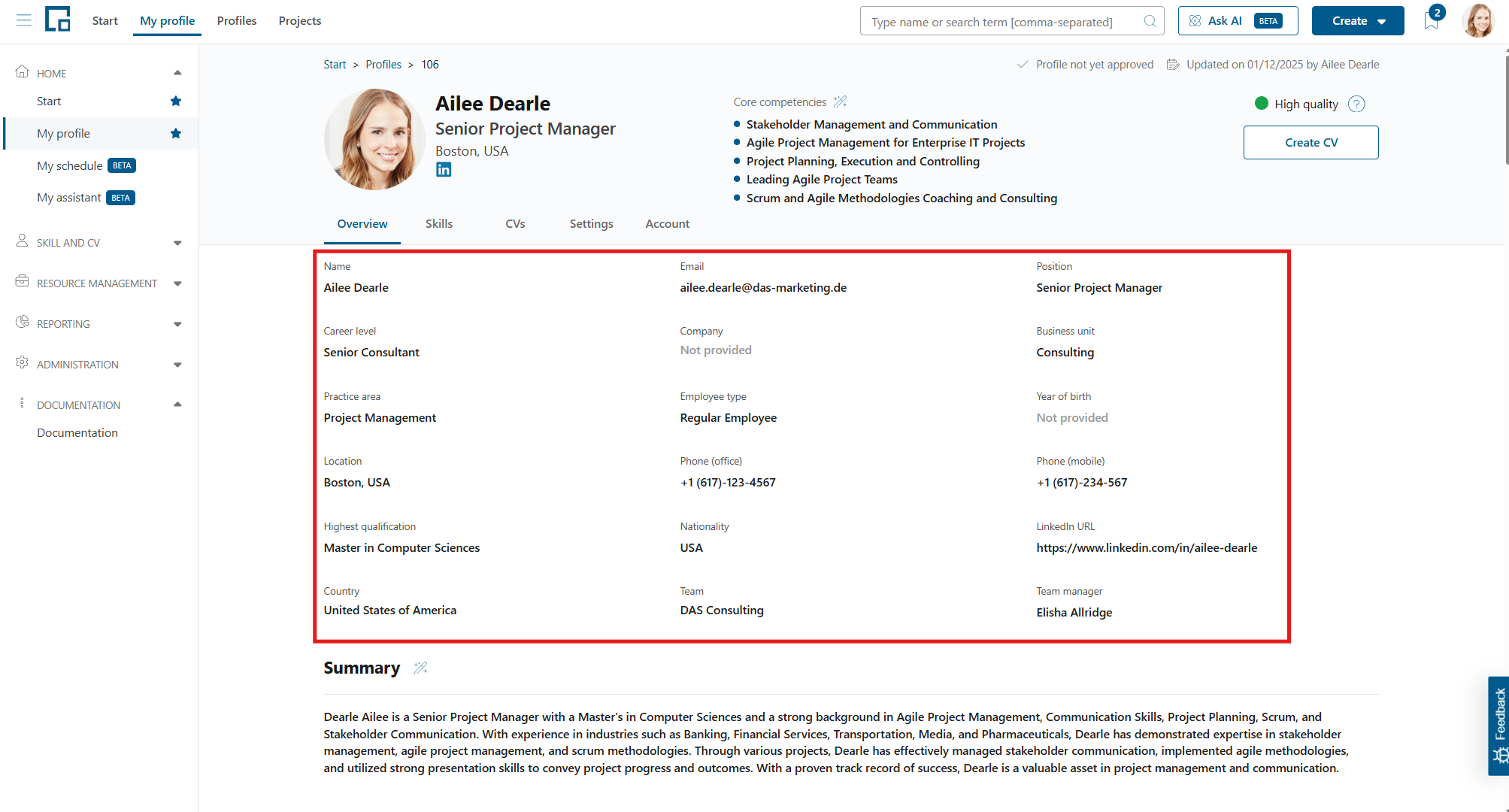 Personal data section of the profile with inline editable fields such as position, location and team