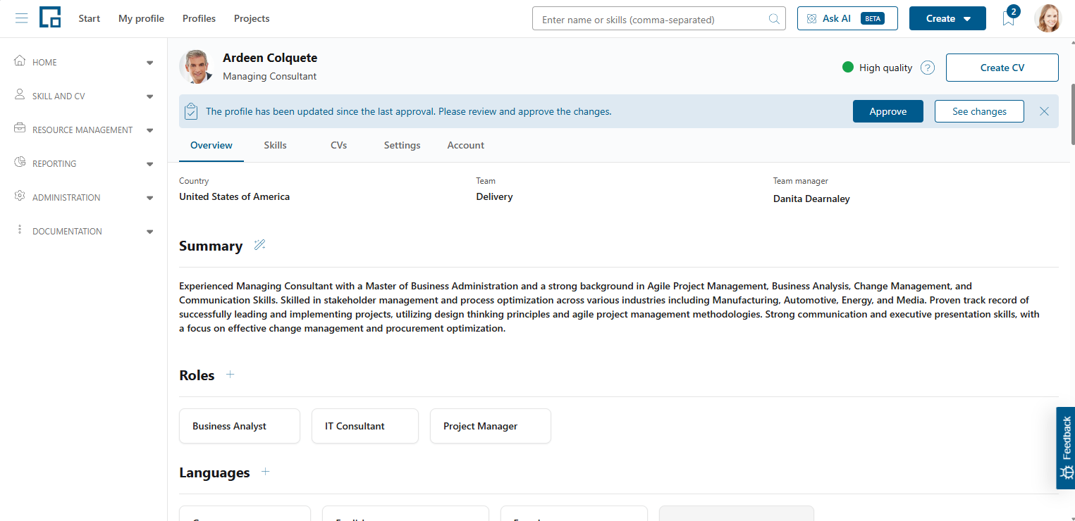Summary section on the profile with the AI magic wand button next to its header