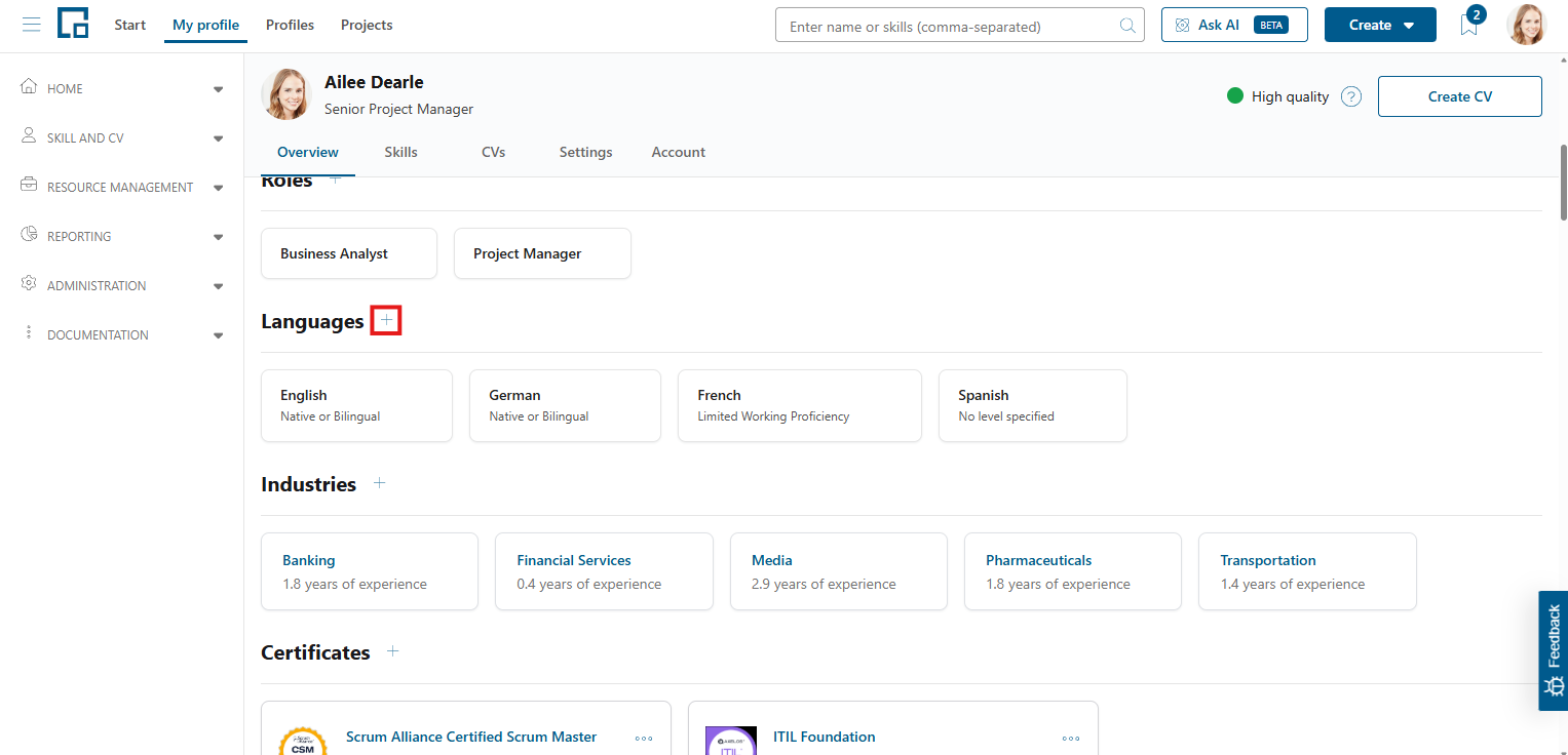 Plus button next to the Languages section header, used to add a language