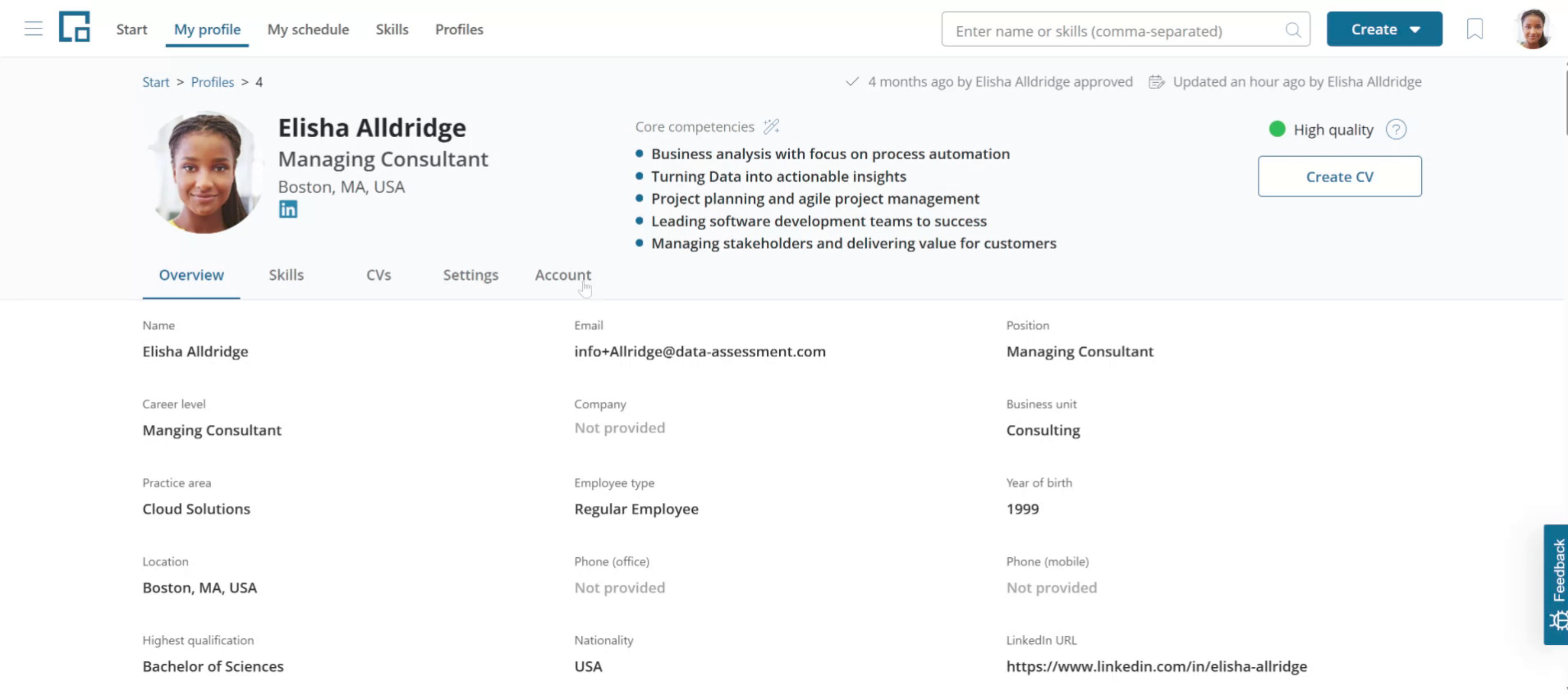 Profile overview tab with photo, core competencies, quality indicator and personal data fields