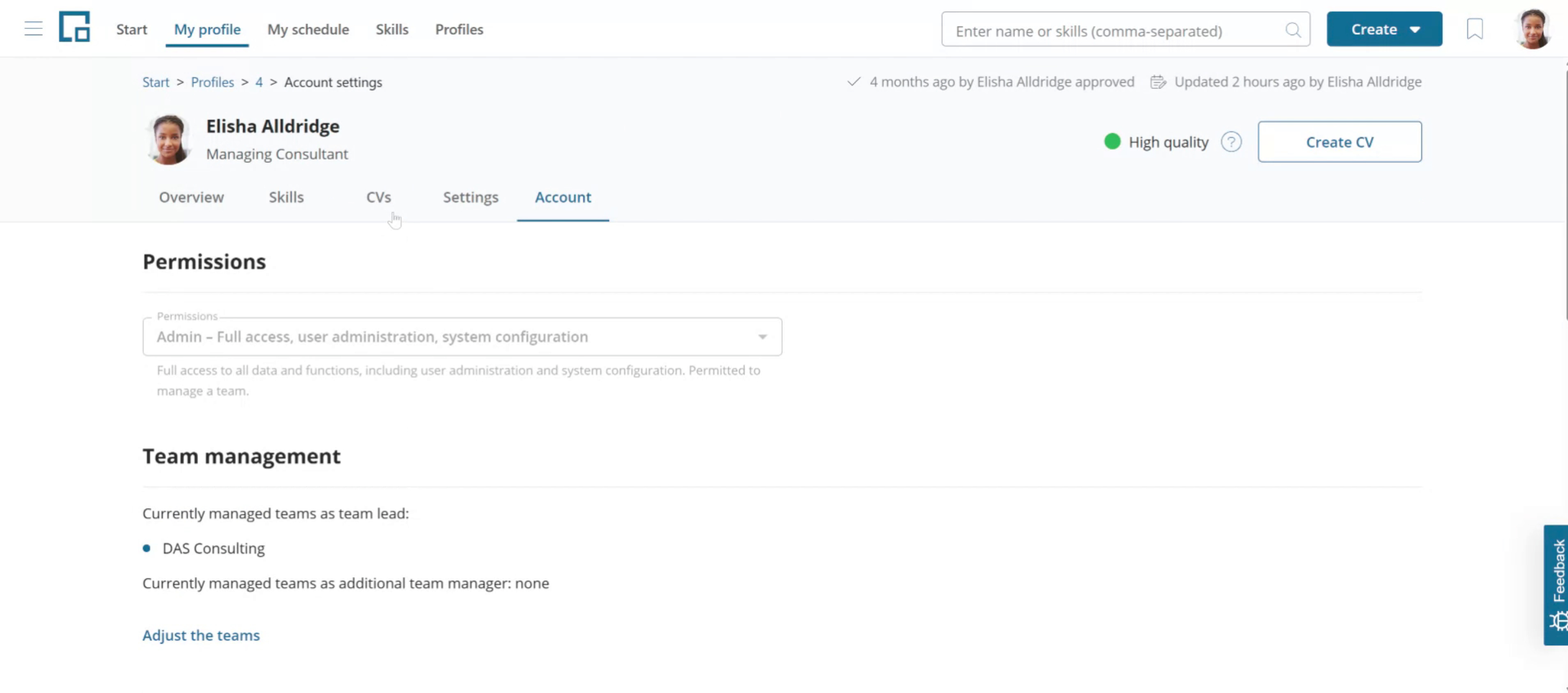 Account tab of a profile showing the permission role and the teams the user manages