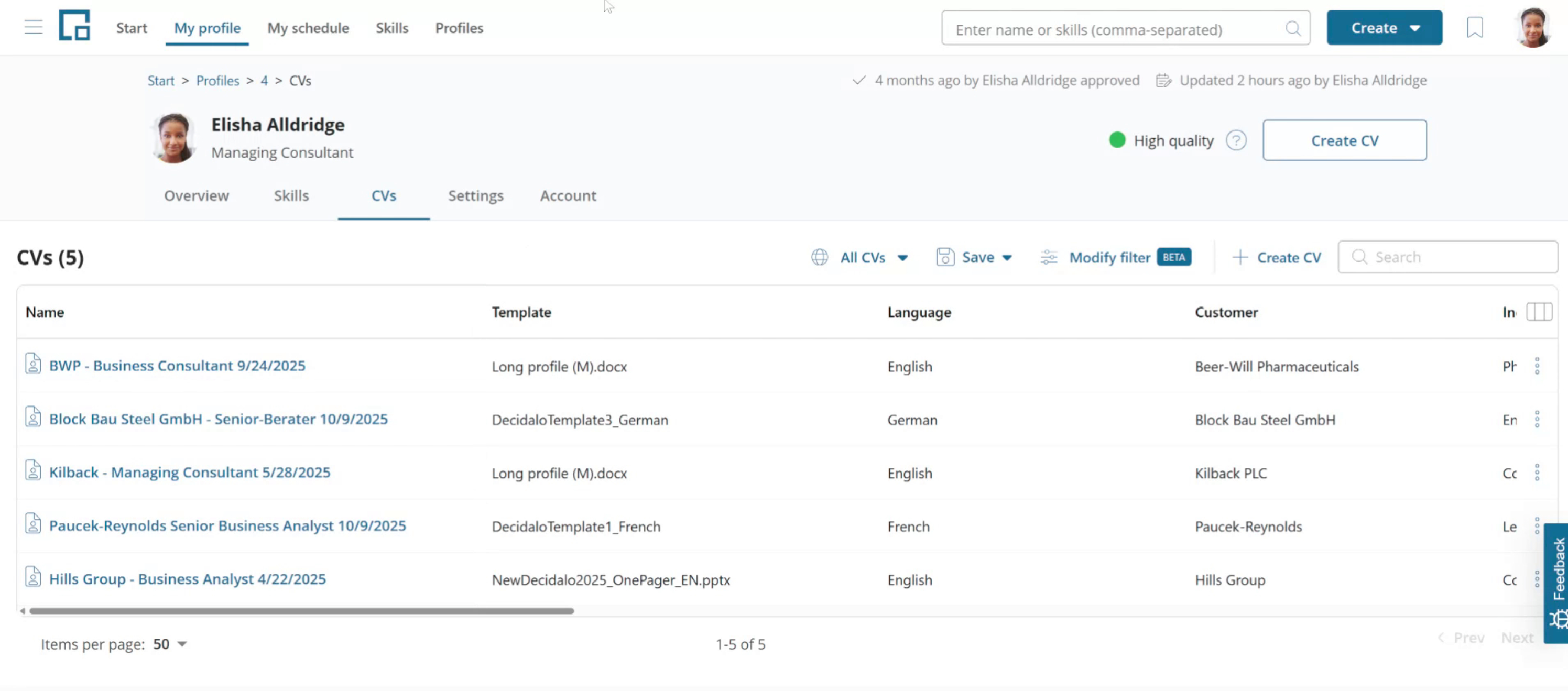 CVs tab of a profile listing several CVs with their template, language and customer