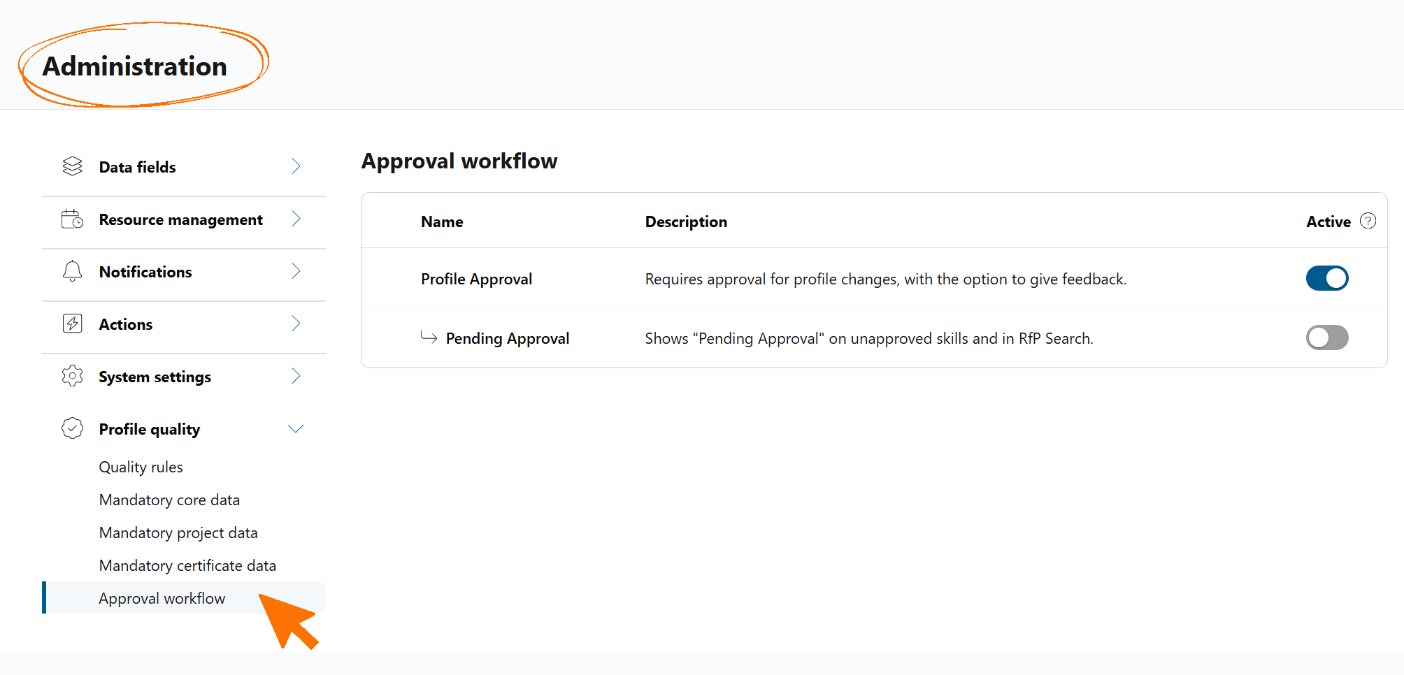 Approval workflow settings with toggles for profile approval and pending approval