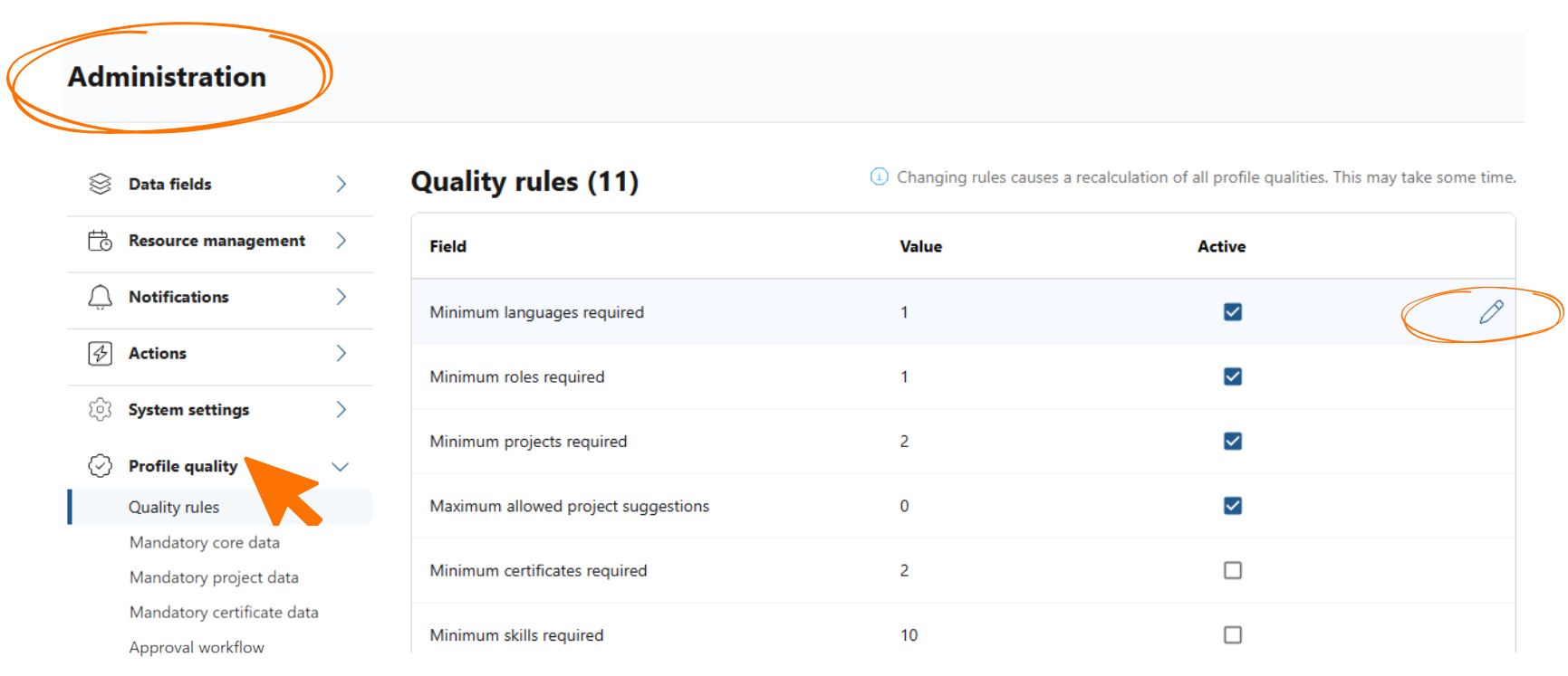 Quality rules table in the administration with a value and an active checkbox per rule