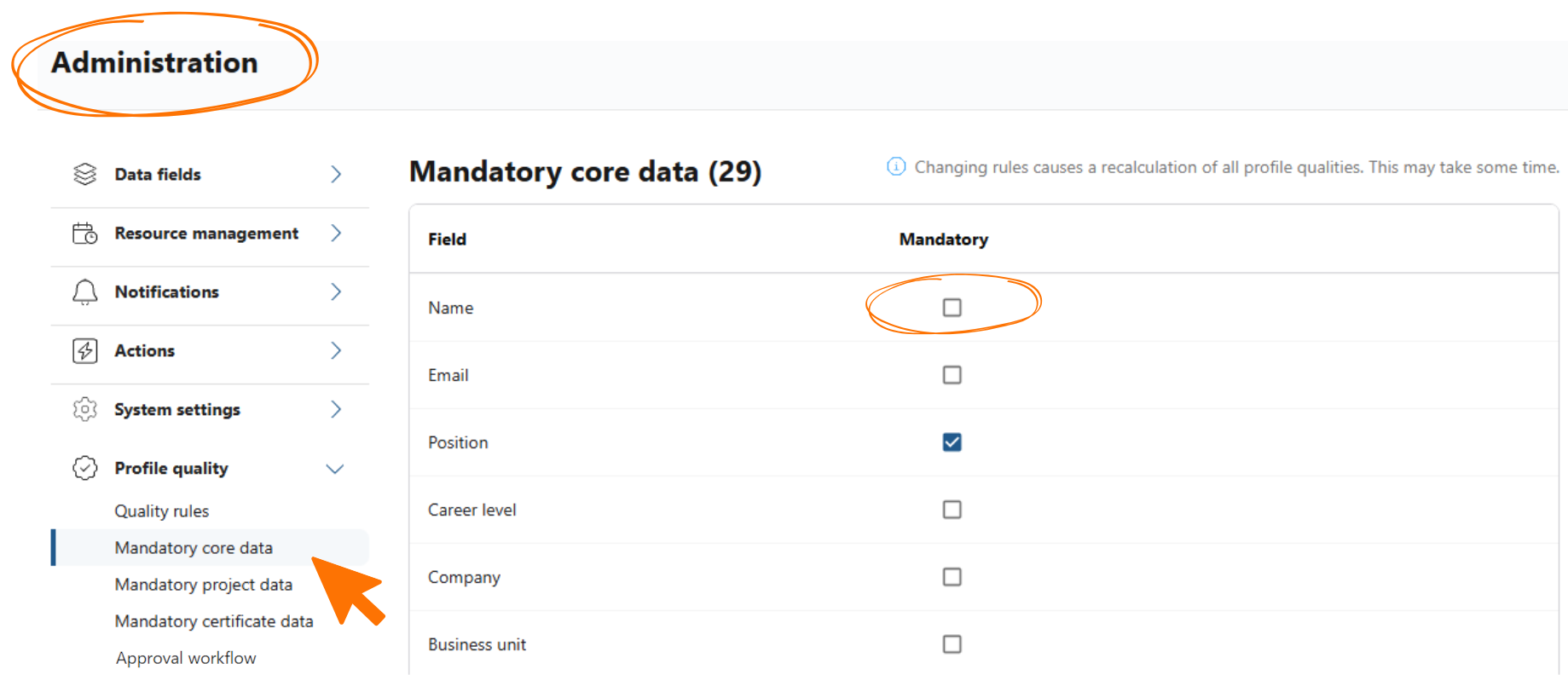 Mandatory core data settings with a checkbox per profile field