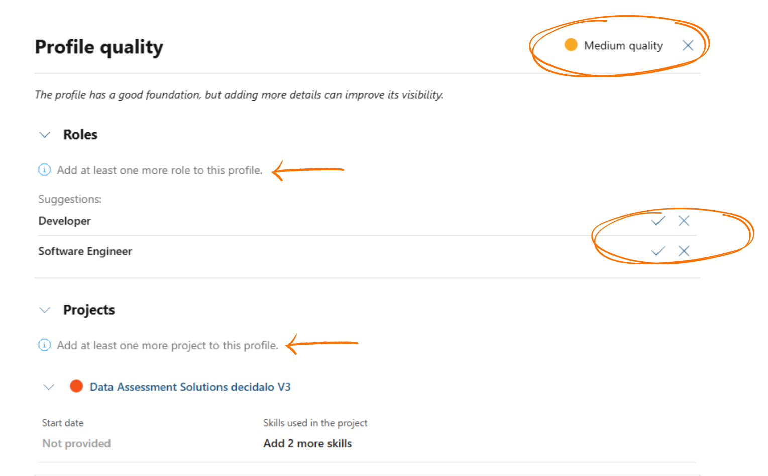 Profile quality pop-up listing missing roles and projects with role suggestions to accept or dismiss