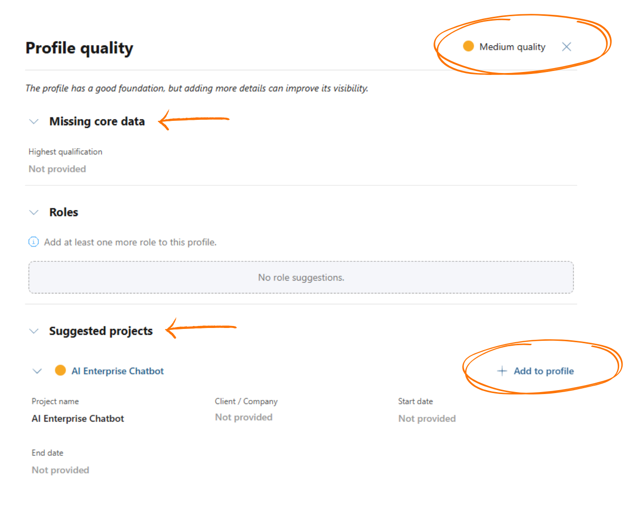 Profile quality pop-up with missing core data and a suggested project with an Add to profile button