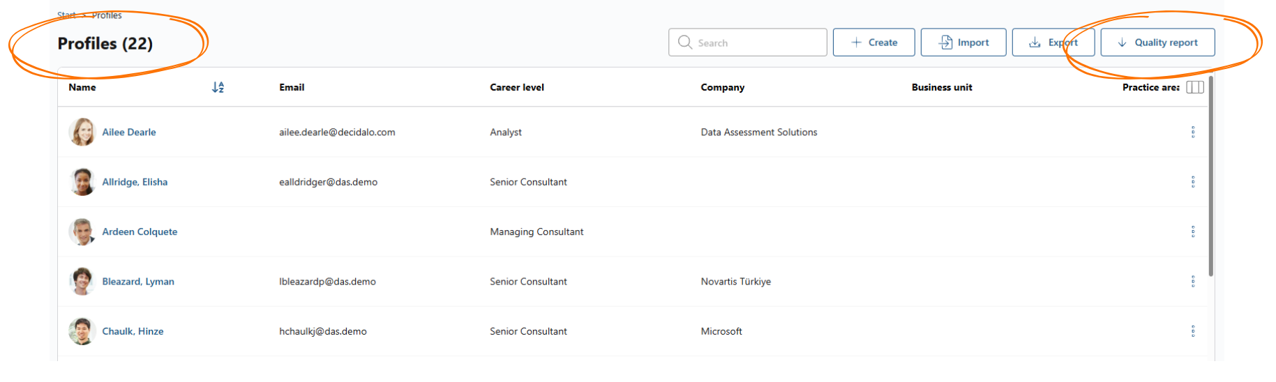 Profiles page with the Quality report export button highlighted