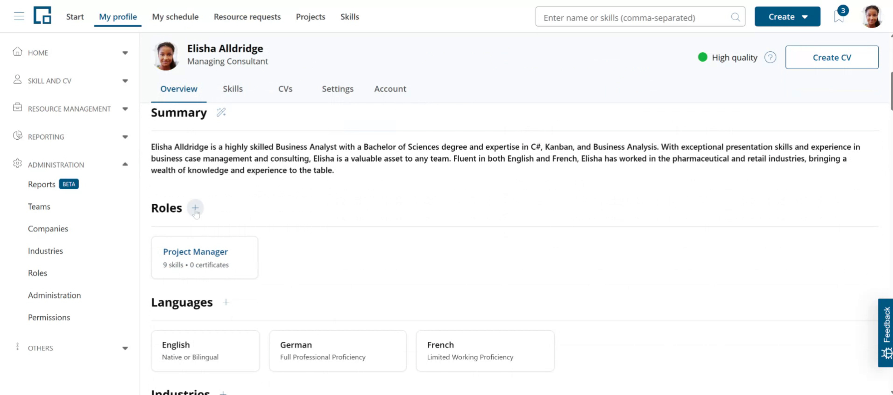 Roles section on the profile overview with an assigned role card and the plus icon to add roles