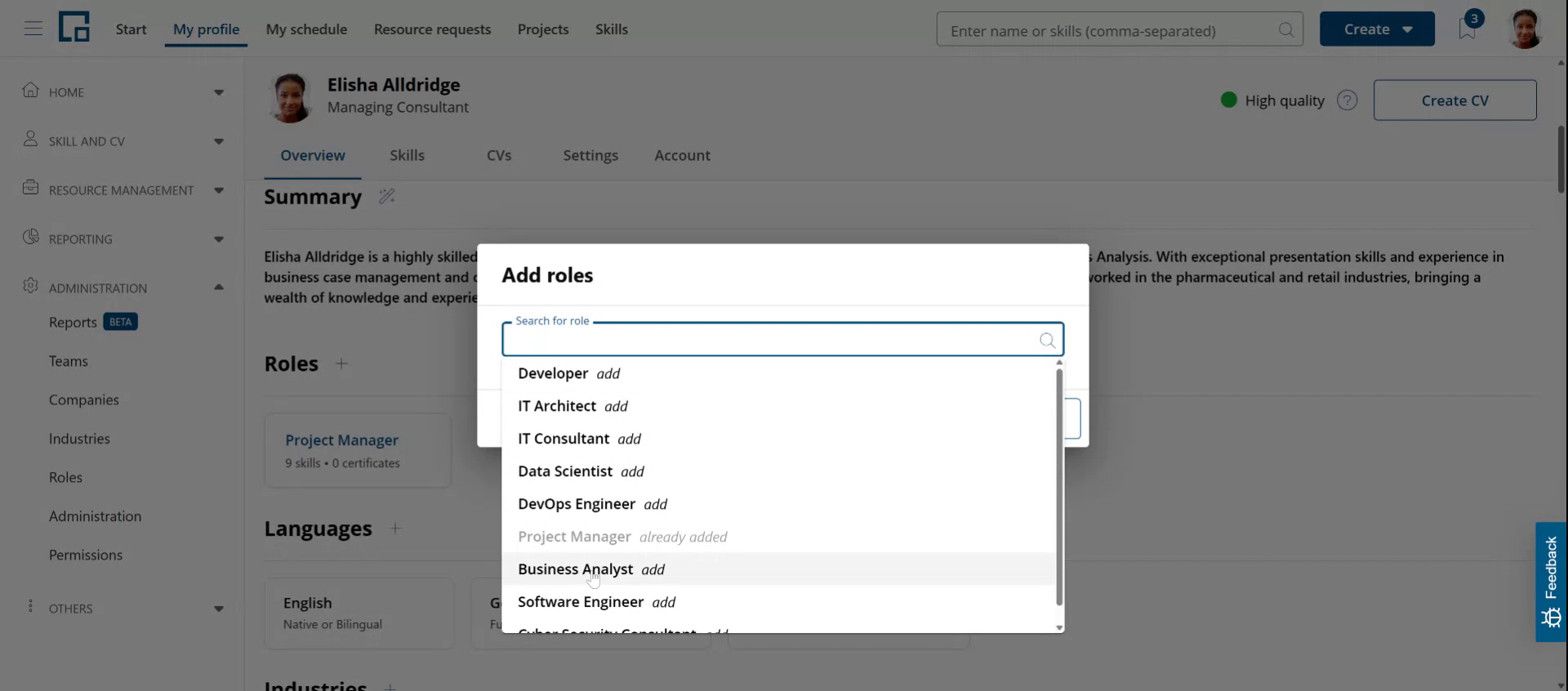 Add roles dialog with an auto-complete list of existing roles