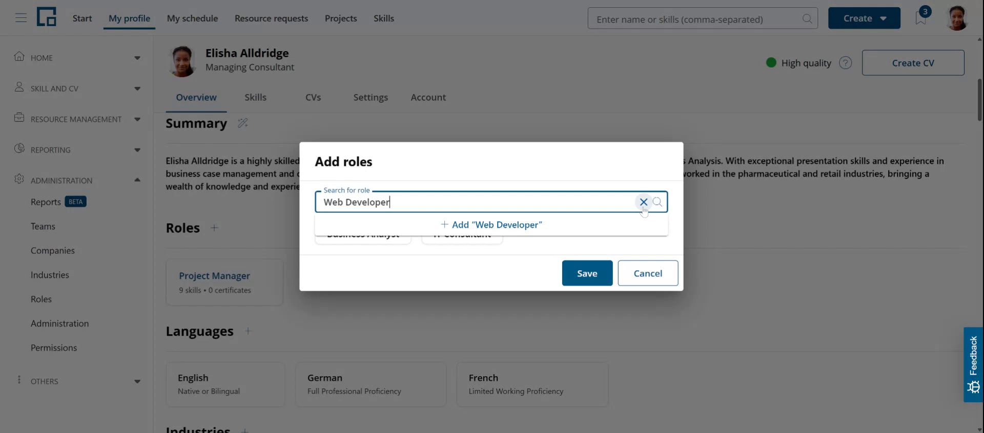 Add roles dialog offering to add a new role name that is not yet in the list