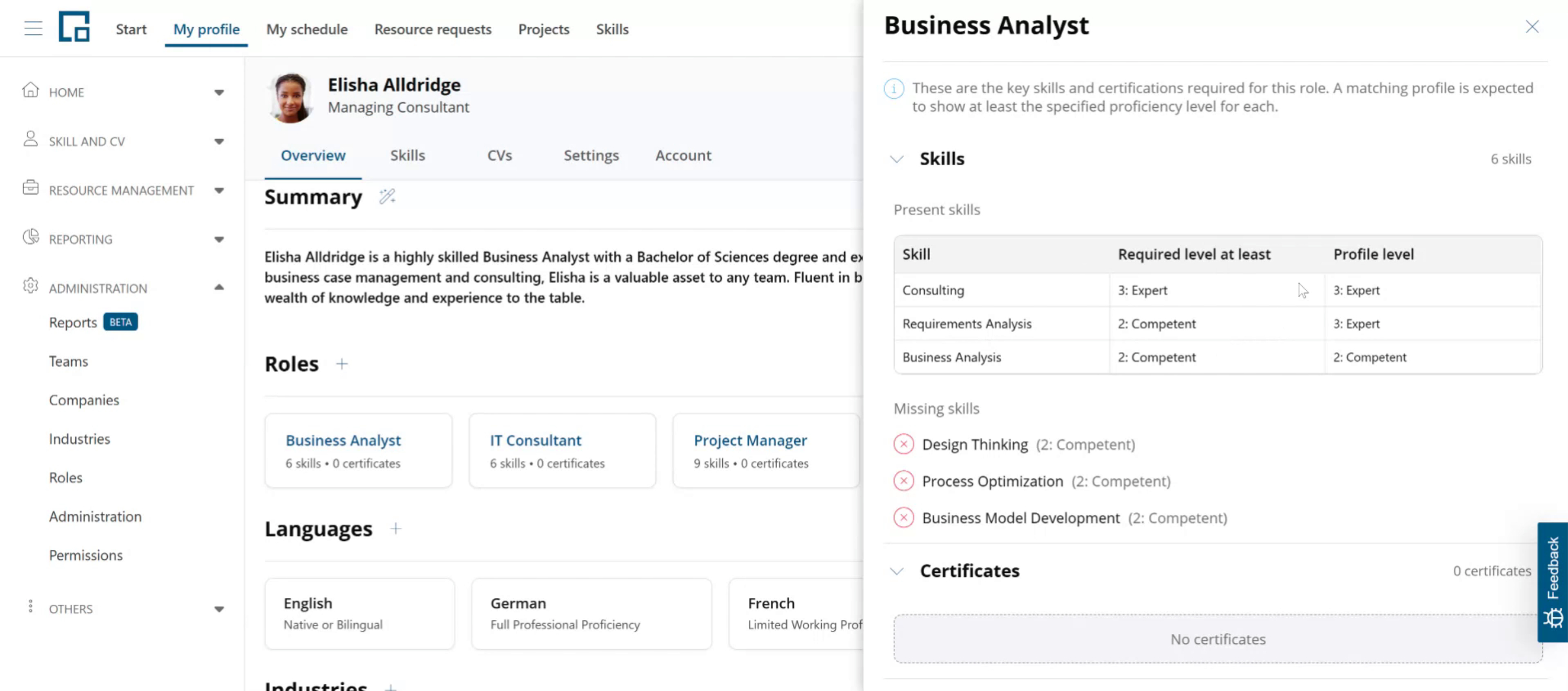 Role side drawer comparing required skill levels with the profile levels and listing missing skills