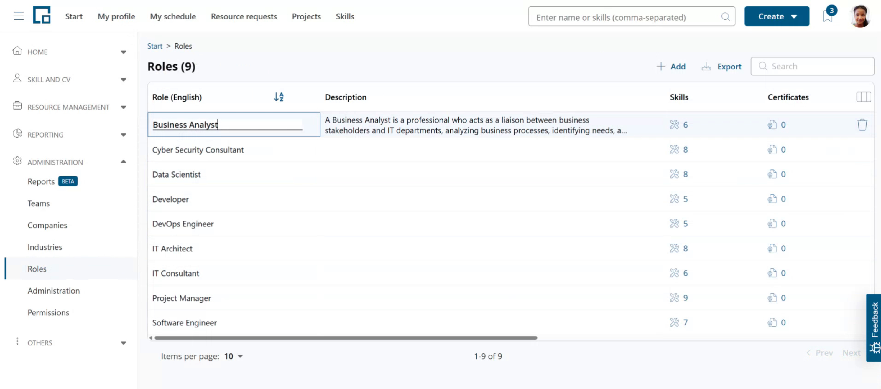 Roles administration table with description, skill and certificate counts and a role name in inline edit mode