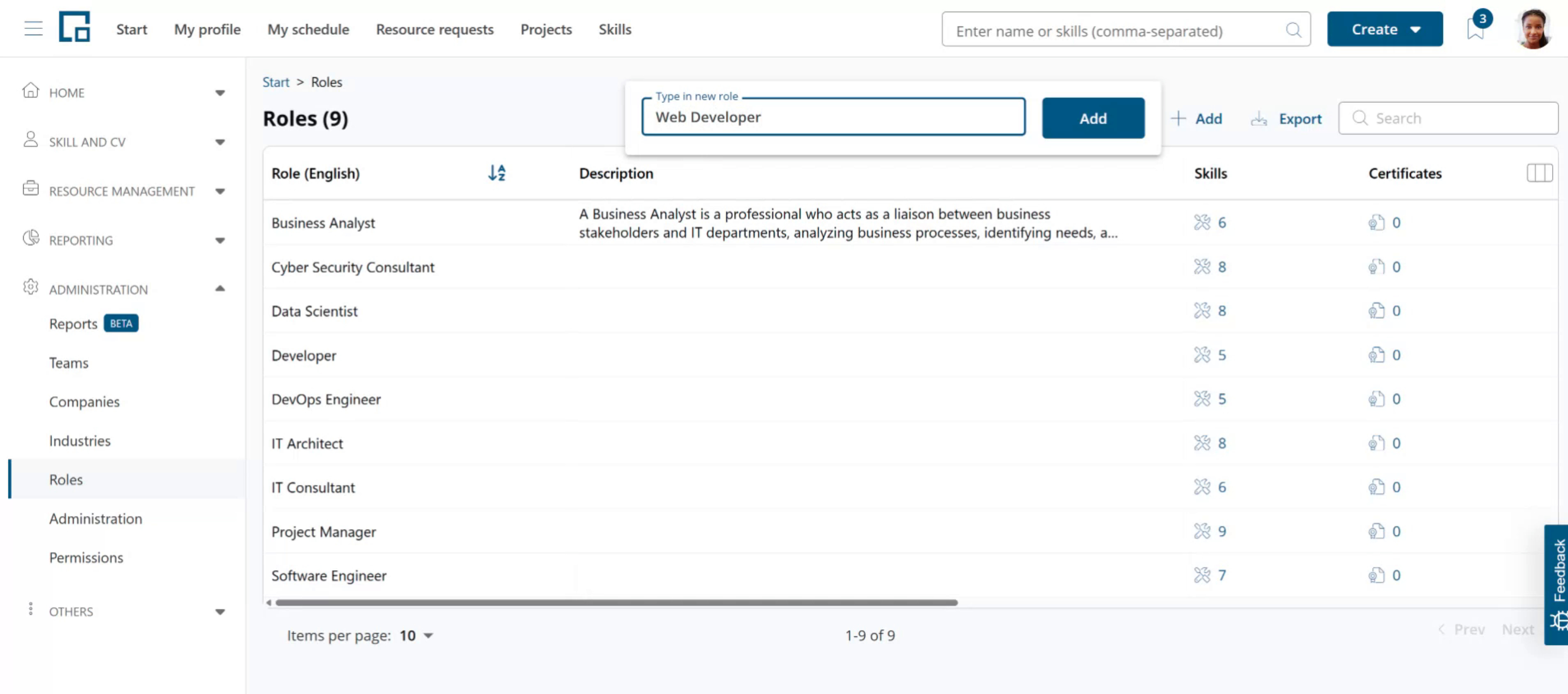 Input field for a new role name above the roles table with the Add button