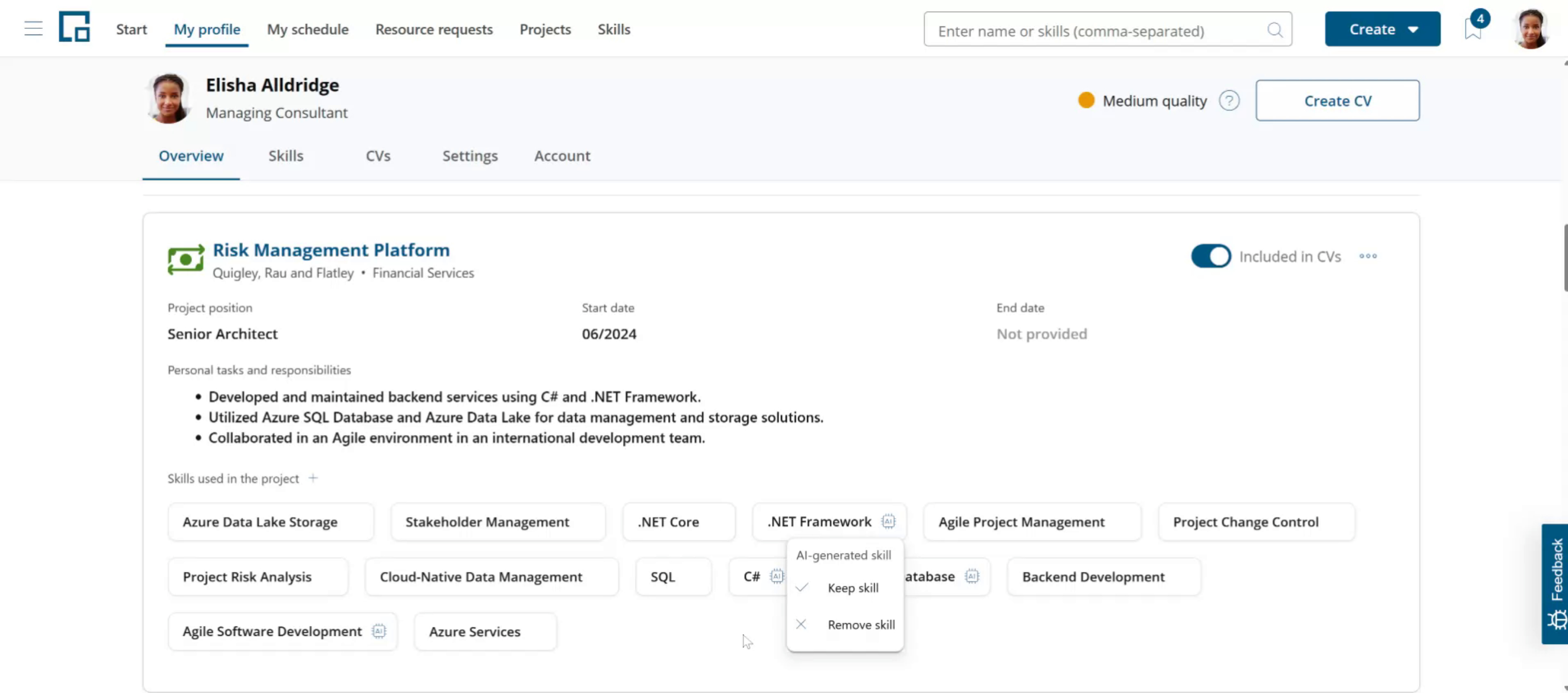 Project skills with AI icons and a menu to keep or remove an AI-generated skill
