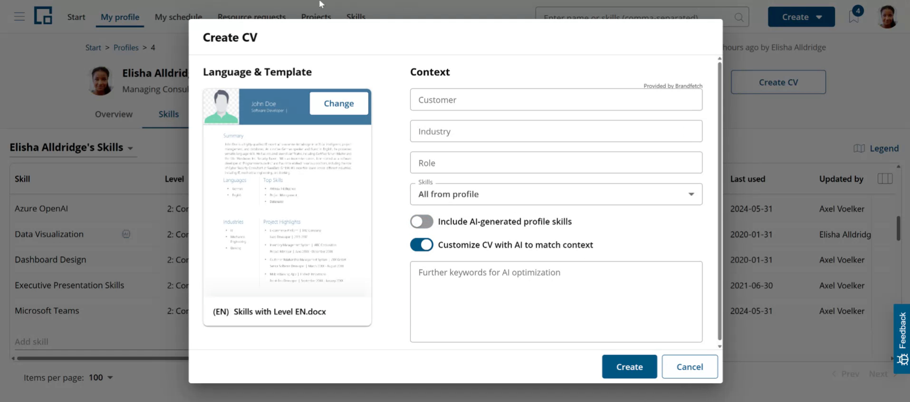 Create CV dialog with the toggle to include AI-generated profile skills