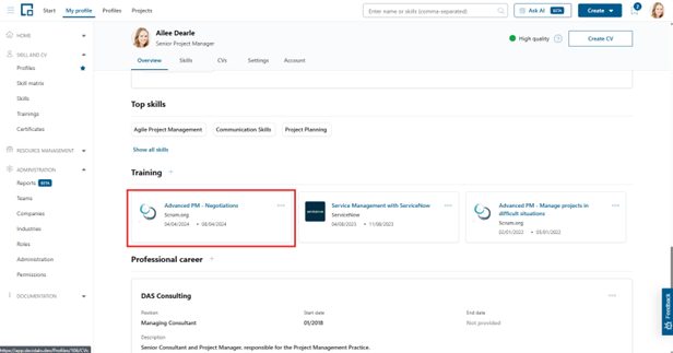 Training section on a profile with tiles showing training title, provider logo, provider and dates