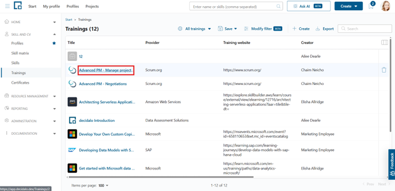 Training title highlighted in the trainings table as the link to the training details page