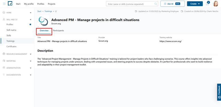 Training details page with the Overview tab showing title, provider, website and description