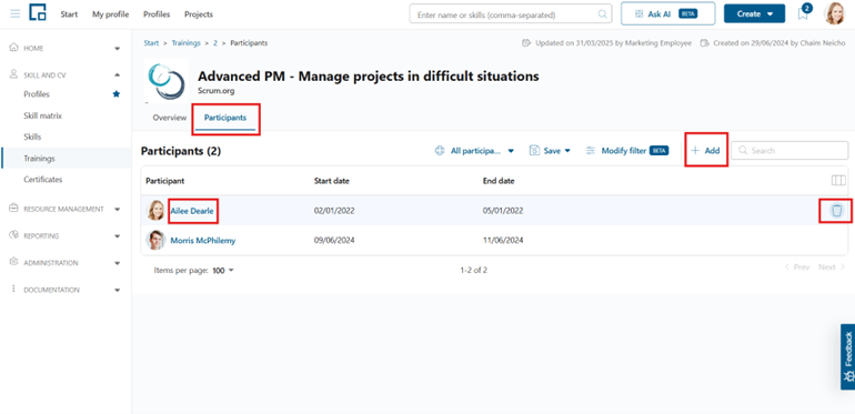 Participants tab of a training with the Add button, participant name link and remove button highlighted